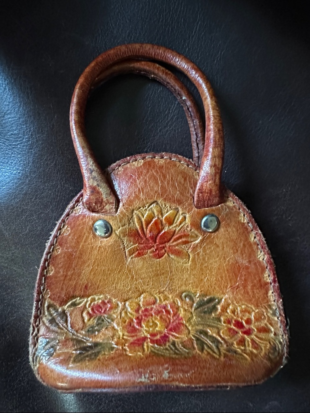 Tan Leather Boho Floral Mini Coin Purse